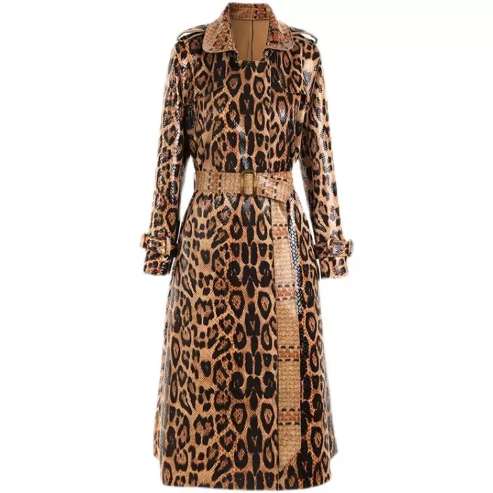 Vintage Leopard Trench For Female Lapel Long